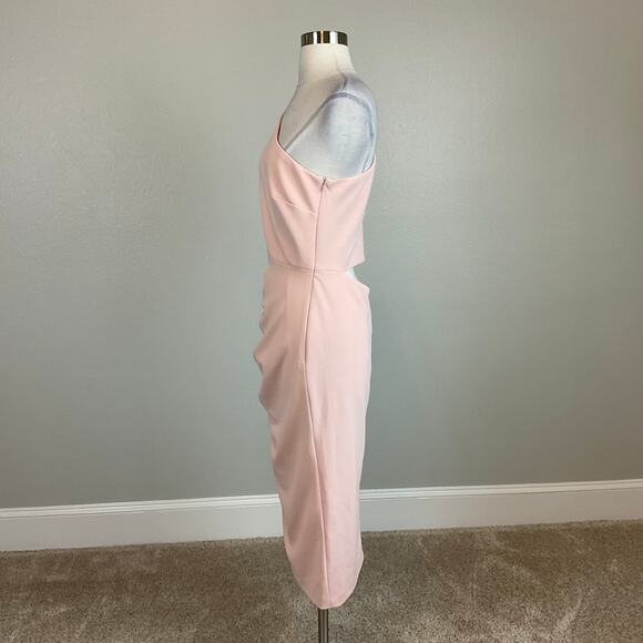 Betsy & Adam One Shoulder Cocktail Dress Pink Size 8 Cut Out Midi Sheath - Picture 6 of 13